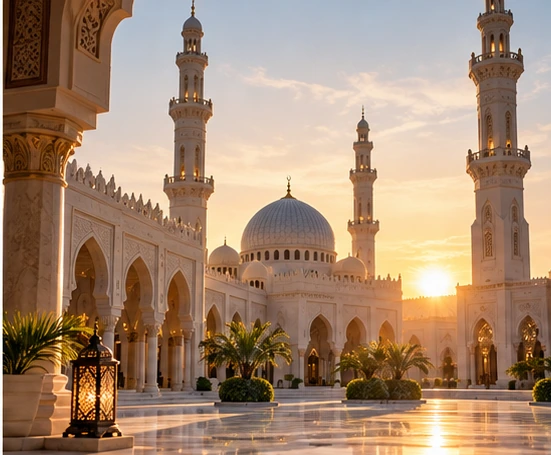 Young student reading the Quran in a warmly lit mosque